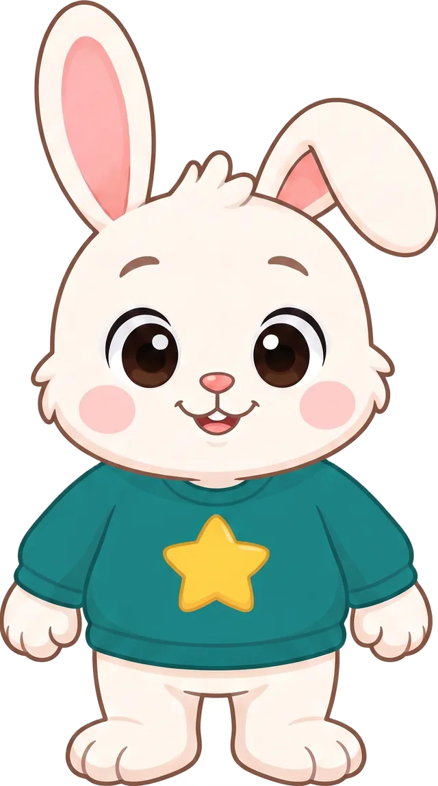 Buni, a cream-coloured rabbit in a teal hoodie with a yellow star, standing and looking ahead