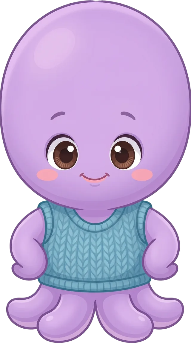 Dot, a purple octopus in a blue top, one arm raised