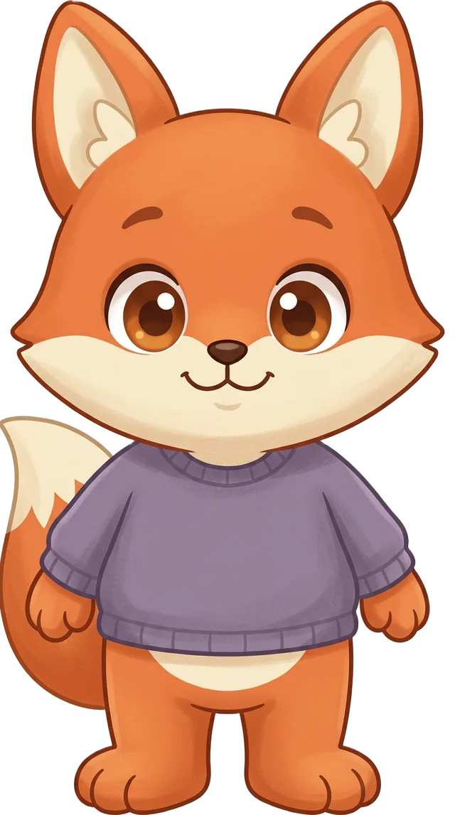 Fig, an orange fox in a soft purple scarf, standing calmly